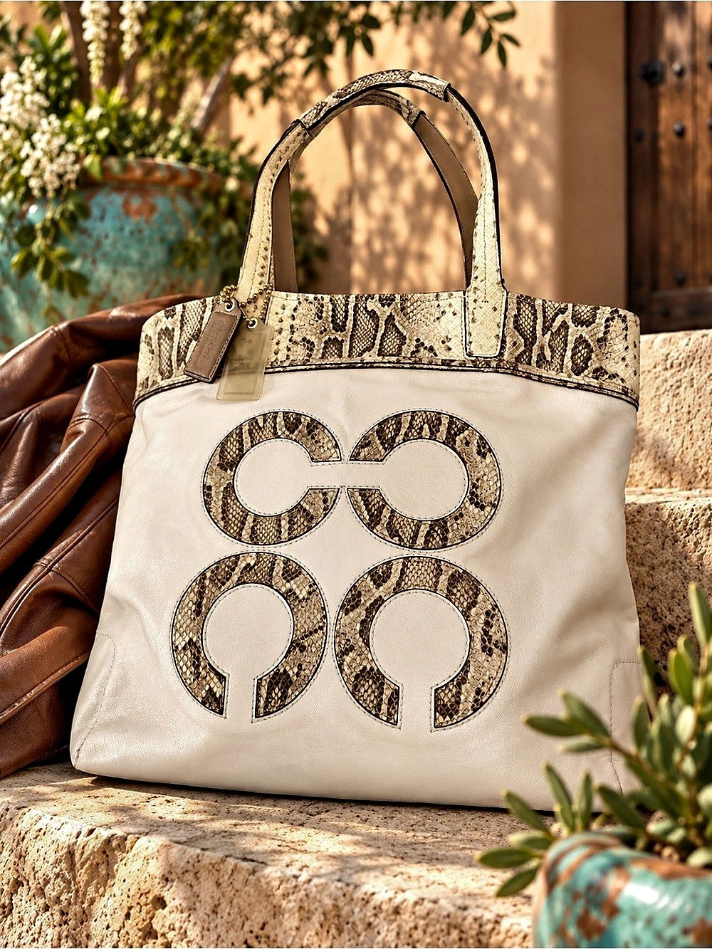Coach 2011 Audrey Slim Tote bag in cream leather & Python Snakeskin Trim 17043
